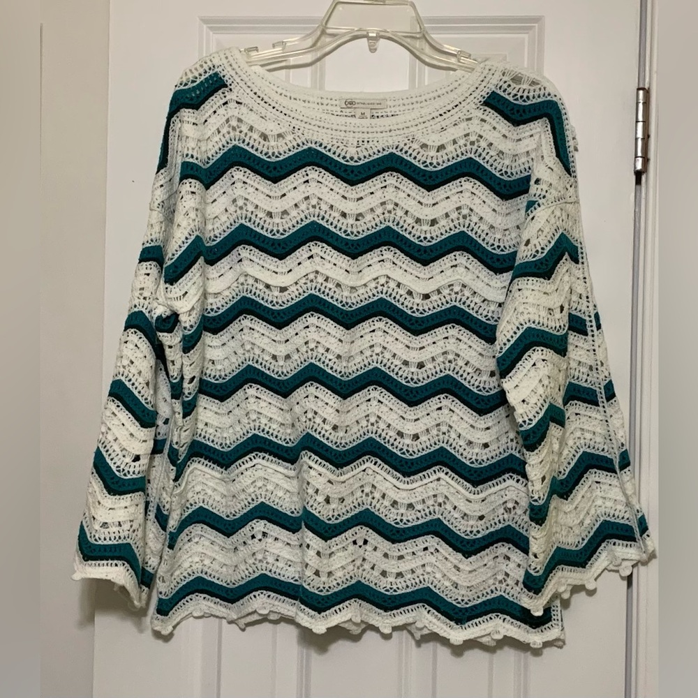 Crochet Sweater Teal Off-white Chevron Bell Sleeve Beach